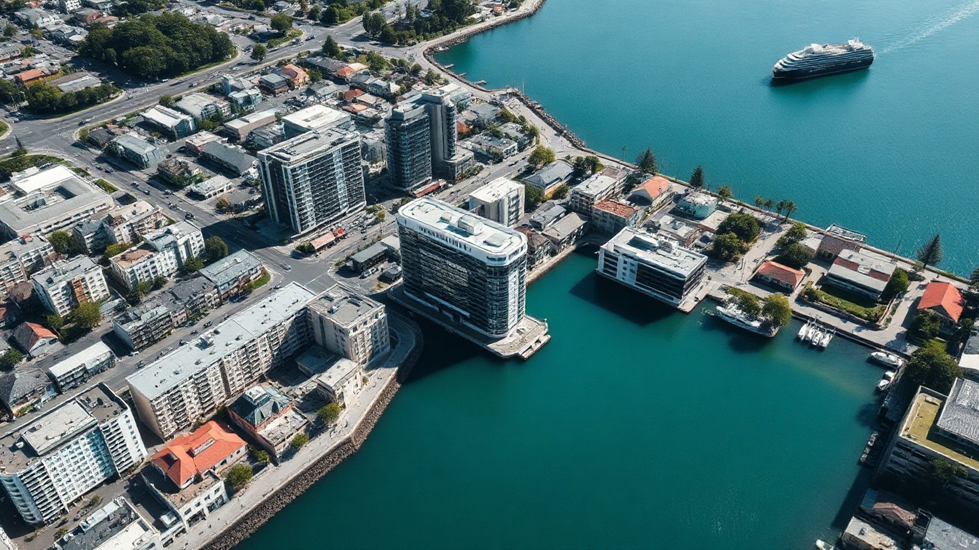 Aerial view of Hamilton, New Zealand office district in bright coastal light