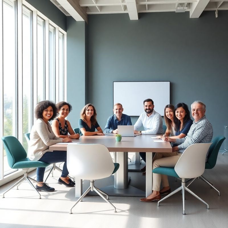 Leadership team meeting in a bright modern room with large windows