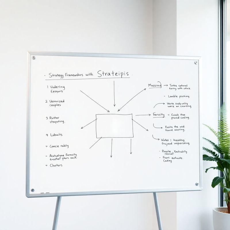 Whiteboard with strategic framework diagrams in a bright modern office